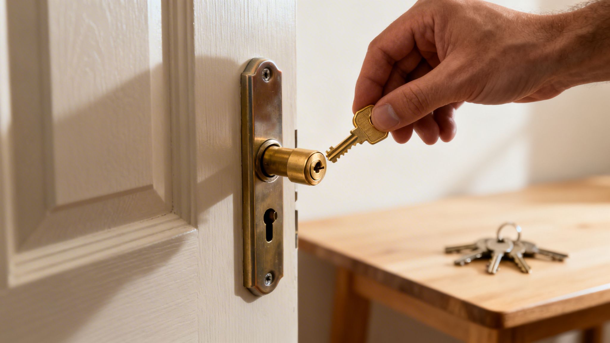 A hand inserts a shiny golden key into a brass door lock, with other keys nearby.