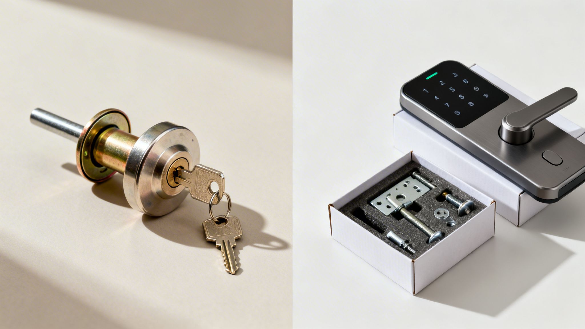 Side-by-side comparison of a traditional key-operated door lock and a modern smart lock with a keypad.
