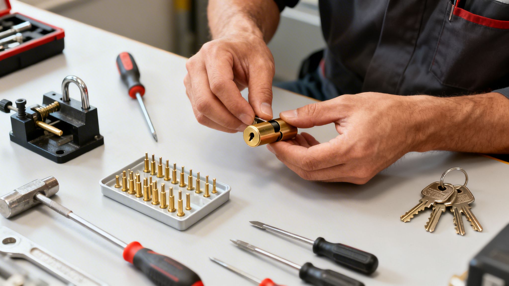 Close-up of a locksmith's hands assembling a brass lock cylinder with various tools.