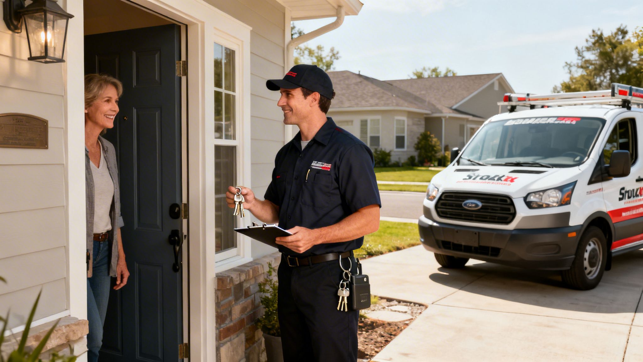 Professional technician delivers keys and clipboard to a smiling woman at her home, with a service van visible.