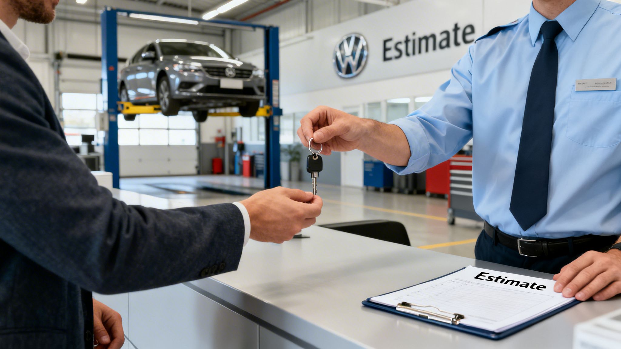 Customer receiving car keys from a technician at a Volkswagen service center with an "Estimate" on the counter.