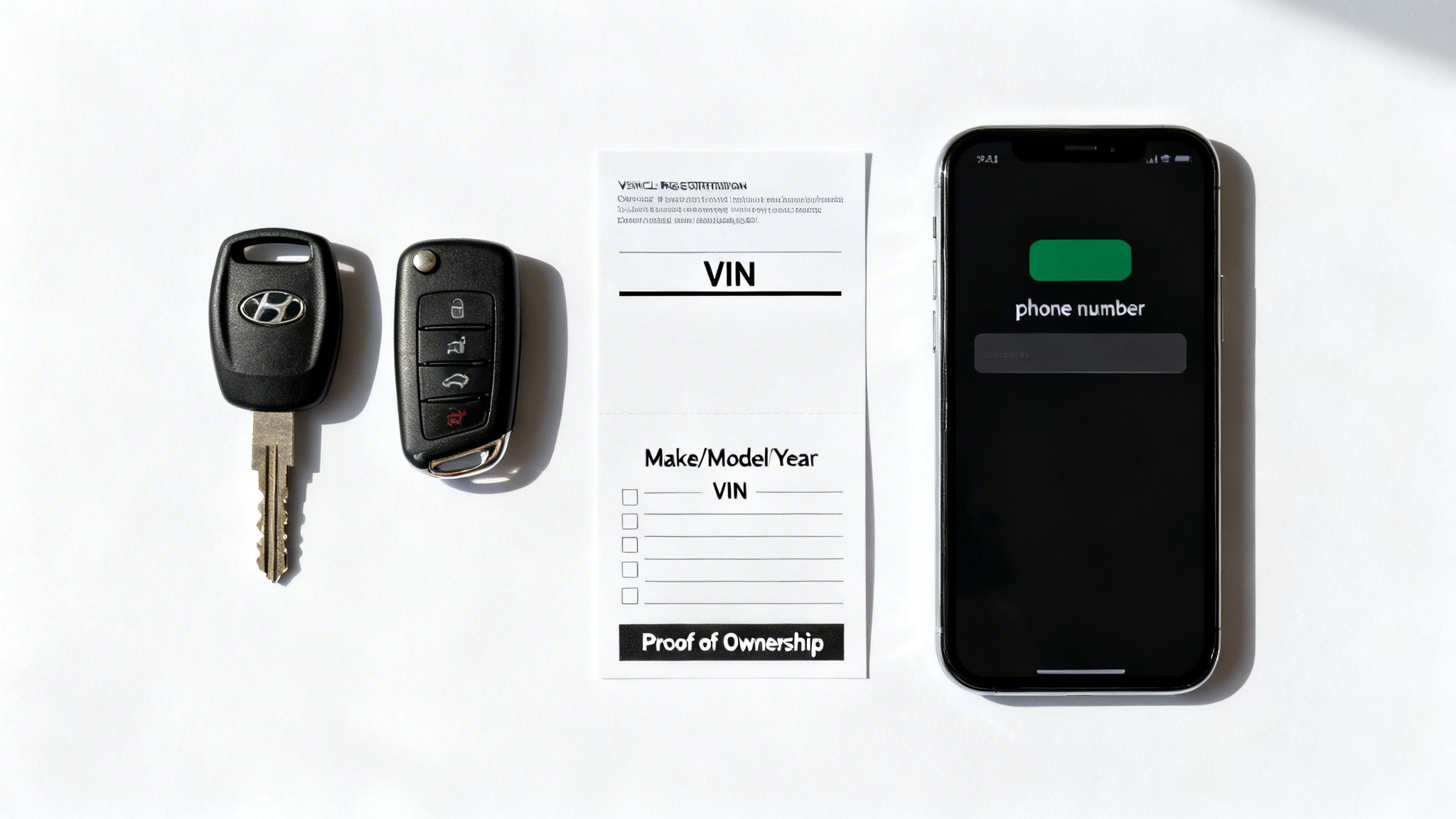 Two car keys, a document for VIN and make/model year, and a smartphone on a white background.