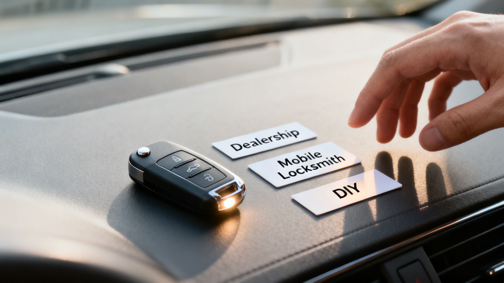 A hand selecting "DIY" from options for car key programming on a dashboard.