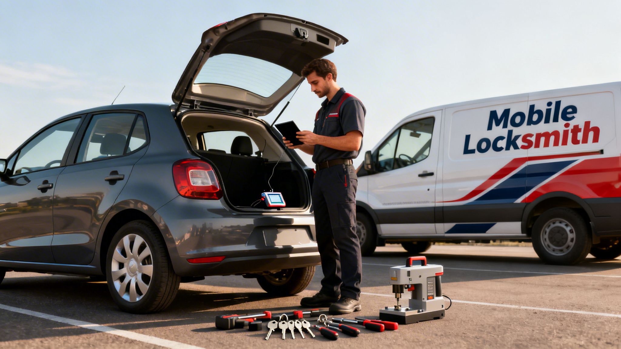 A mobile locksmith uses a tablet and tools to program a car key fob from his service van.