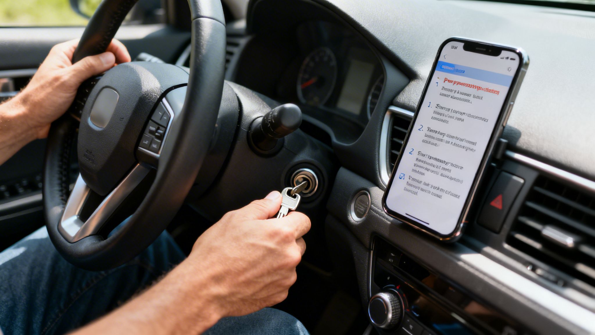 A person's hands inserting a car key into the ignition, with a smartphone displaying instructions on the dashboard.