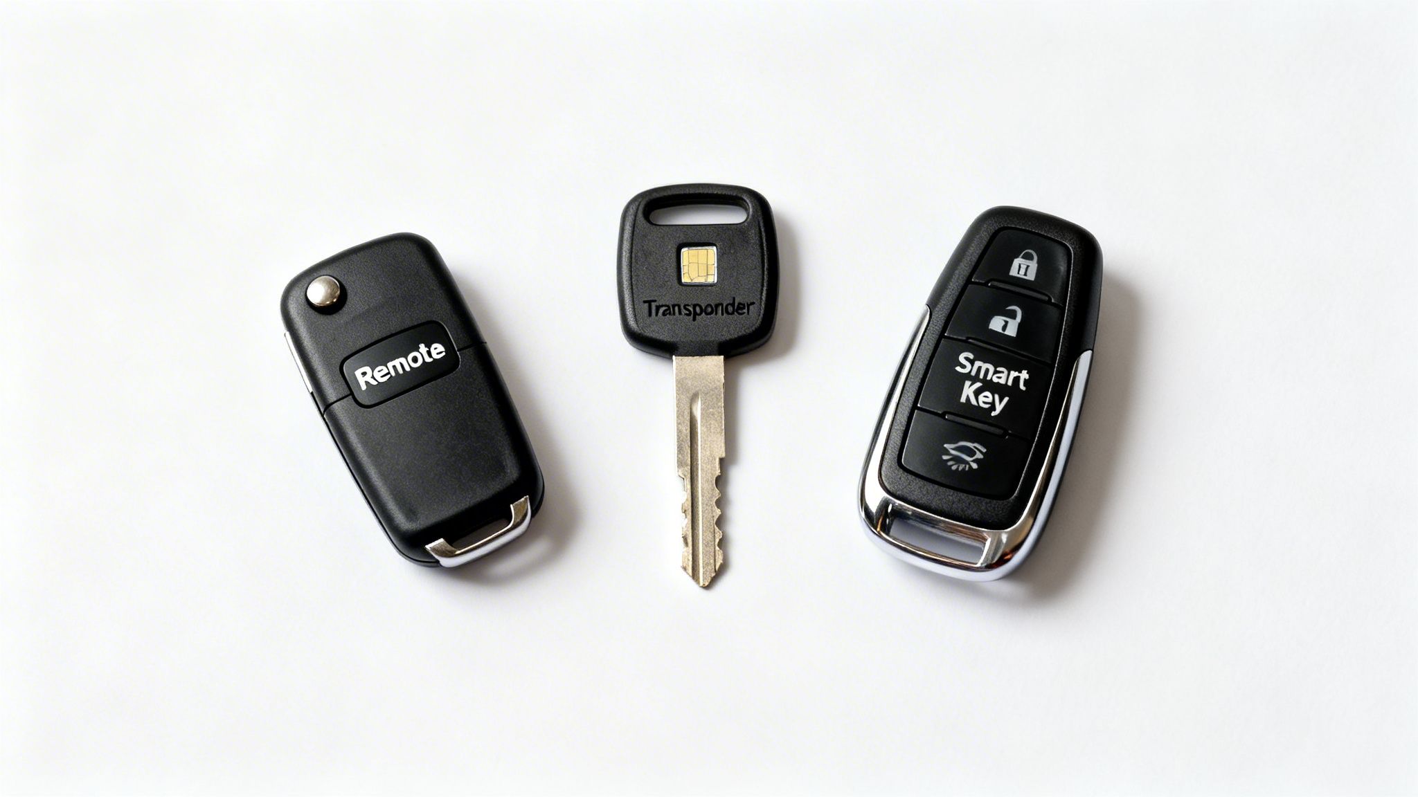 Three types of car keys displayed: a remote key, a transponder key, and a smart key.
