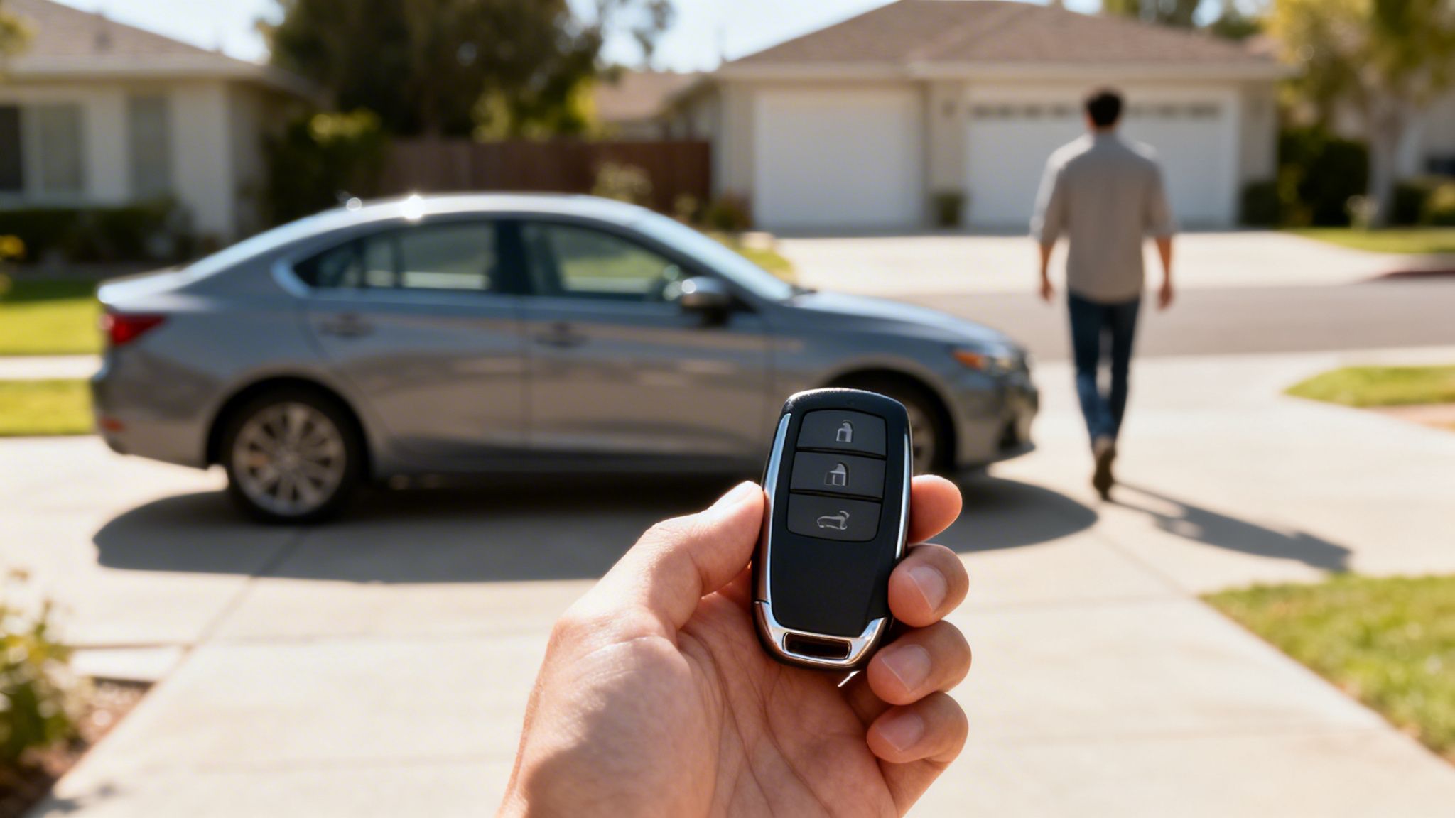A person's hand holds a car key fob with a grey car in a sunny driveway.