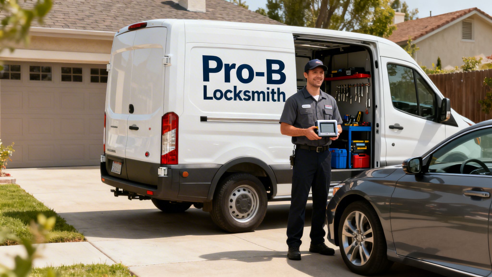 A professional locksmith stands by a service van and car, holding a key programming device.