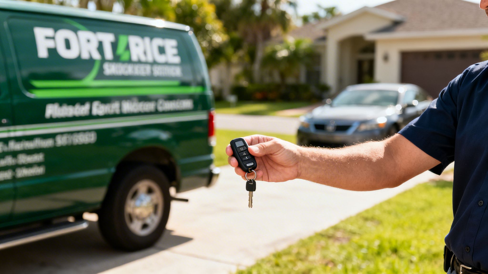 A service technician holds car keys in front of a green Fort Rice Shockley Service van.