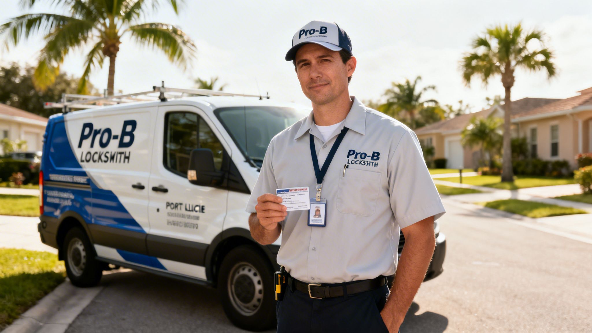 A locksmith in a uniform and hat stands proudly next to his service van, holding a business card.