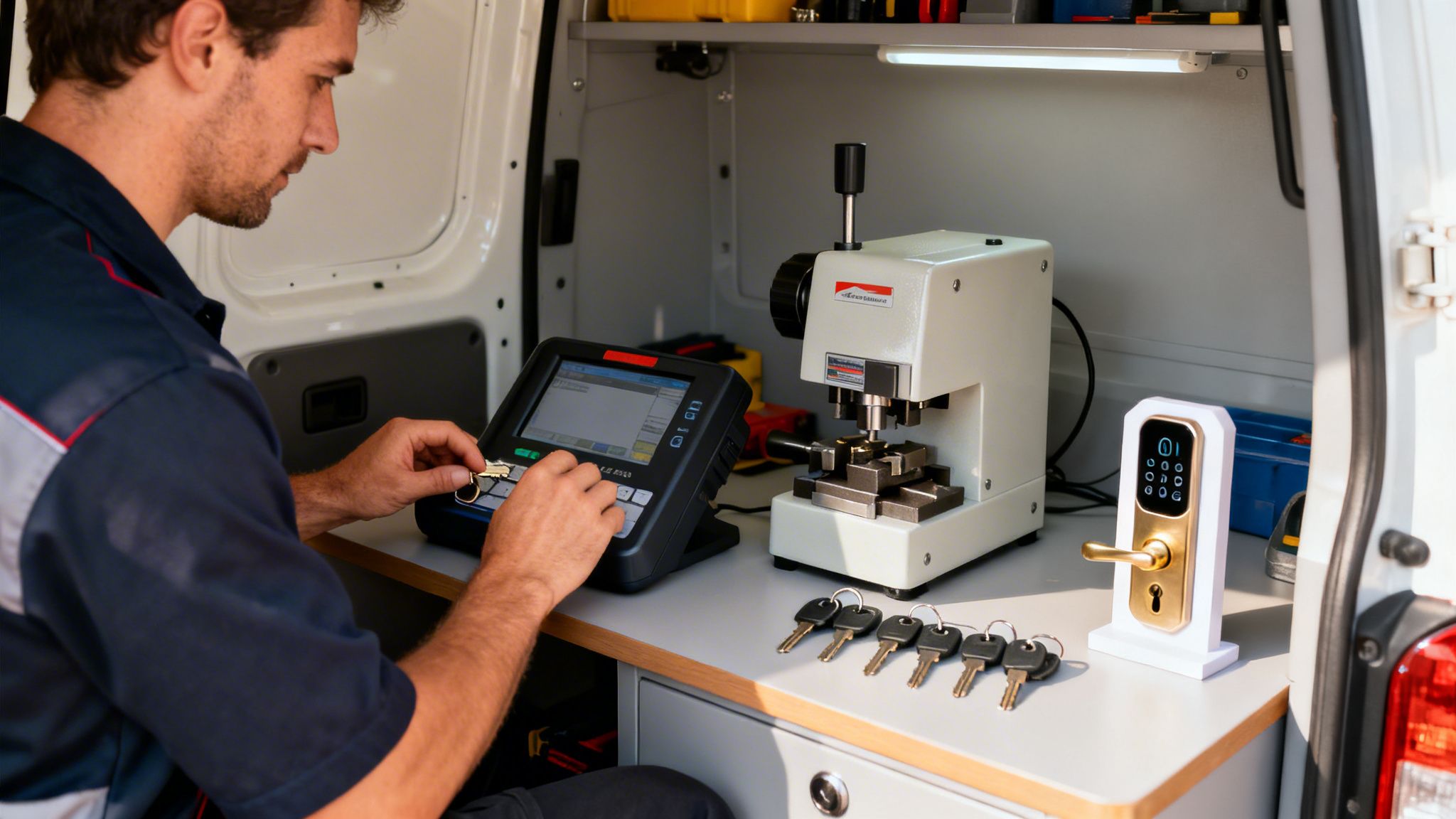A professional locksmith making new keys inside a service van, using specialized equipment.