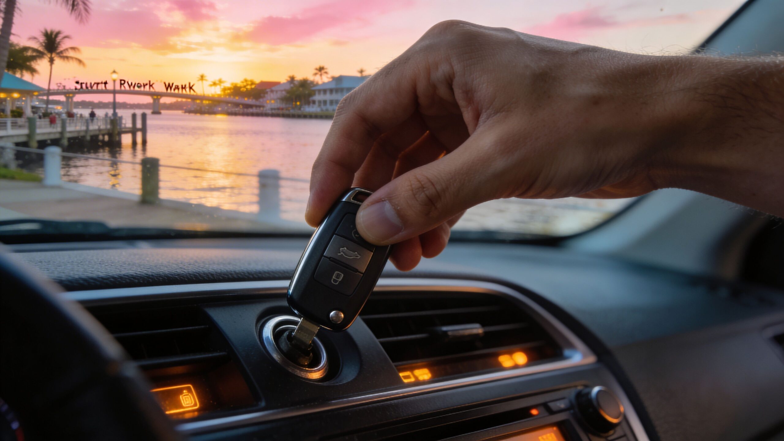 A hand holding a car key fob near the ignition slot of a dashboard during sunset