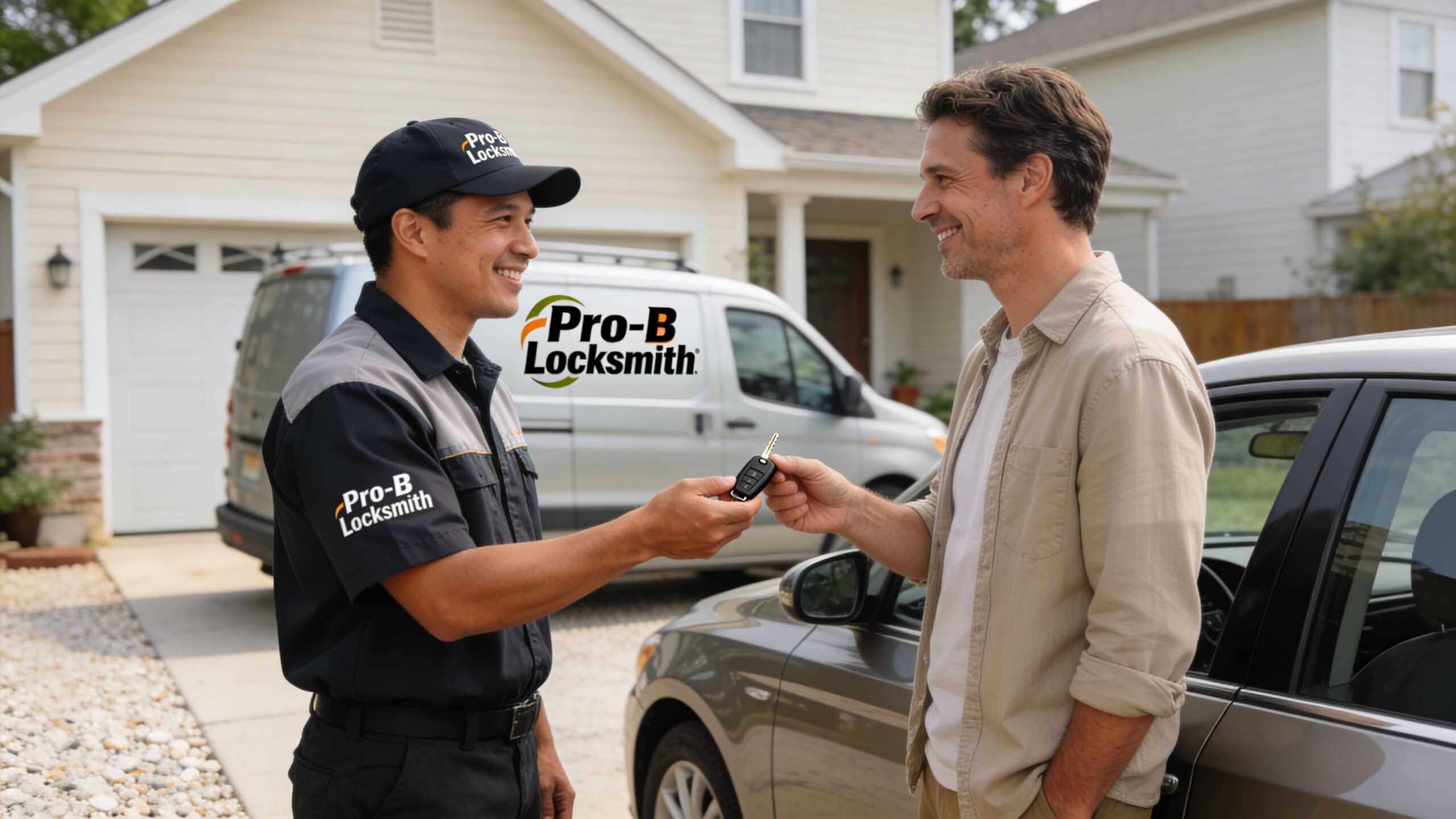 A professional locksmith handing over a new car key to a smiling customer in a residential driveway.