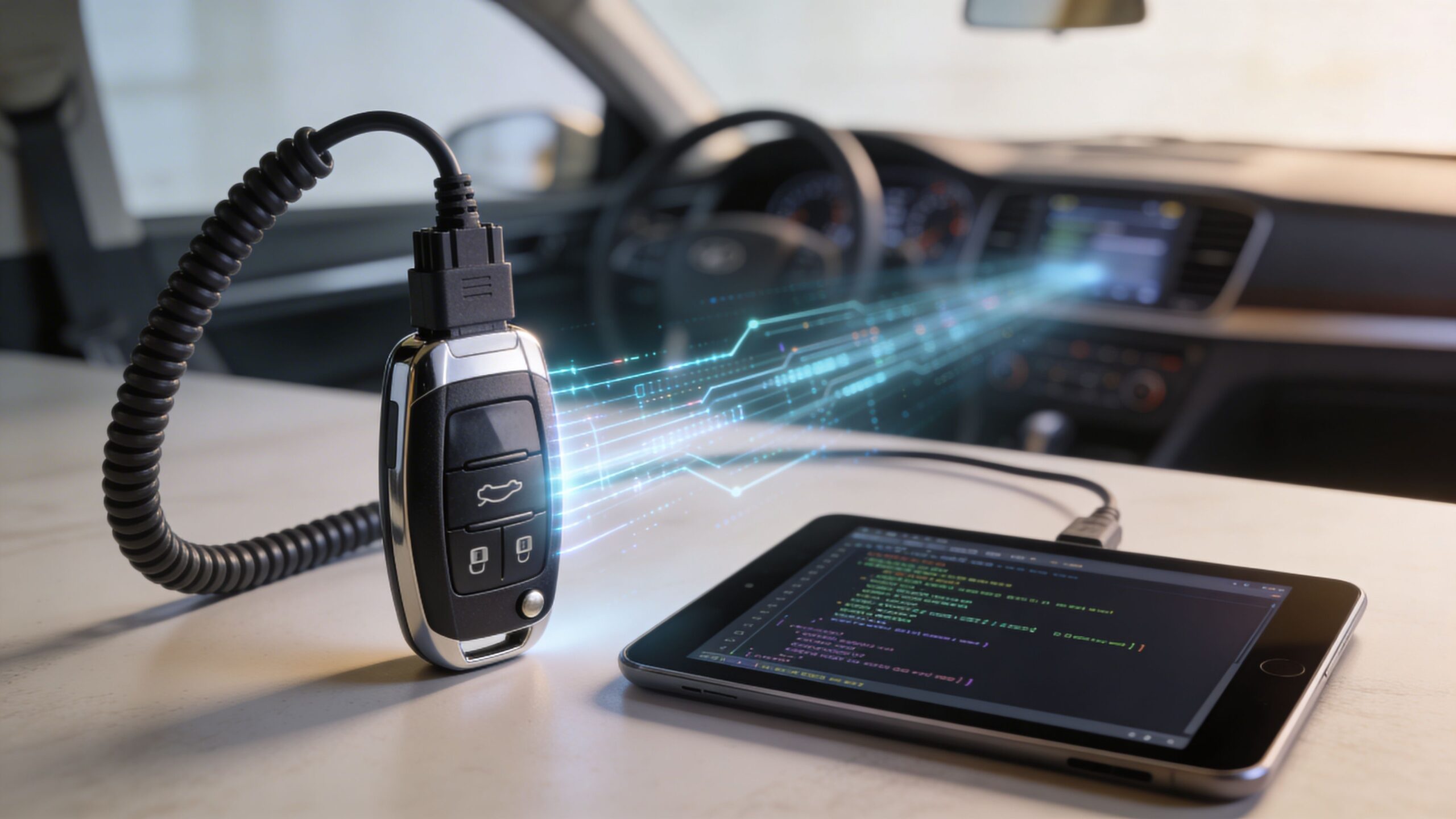 A car key fob connected to a tablet displaying code, symbolizing digital car key programming and security.