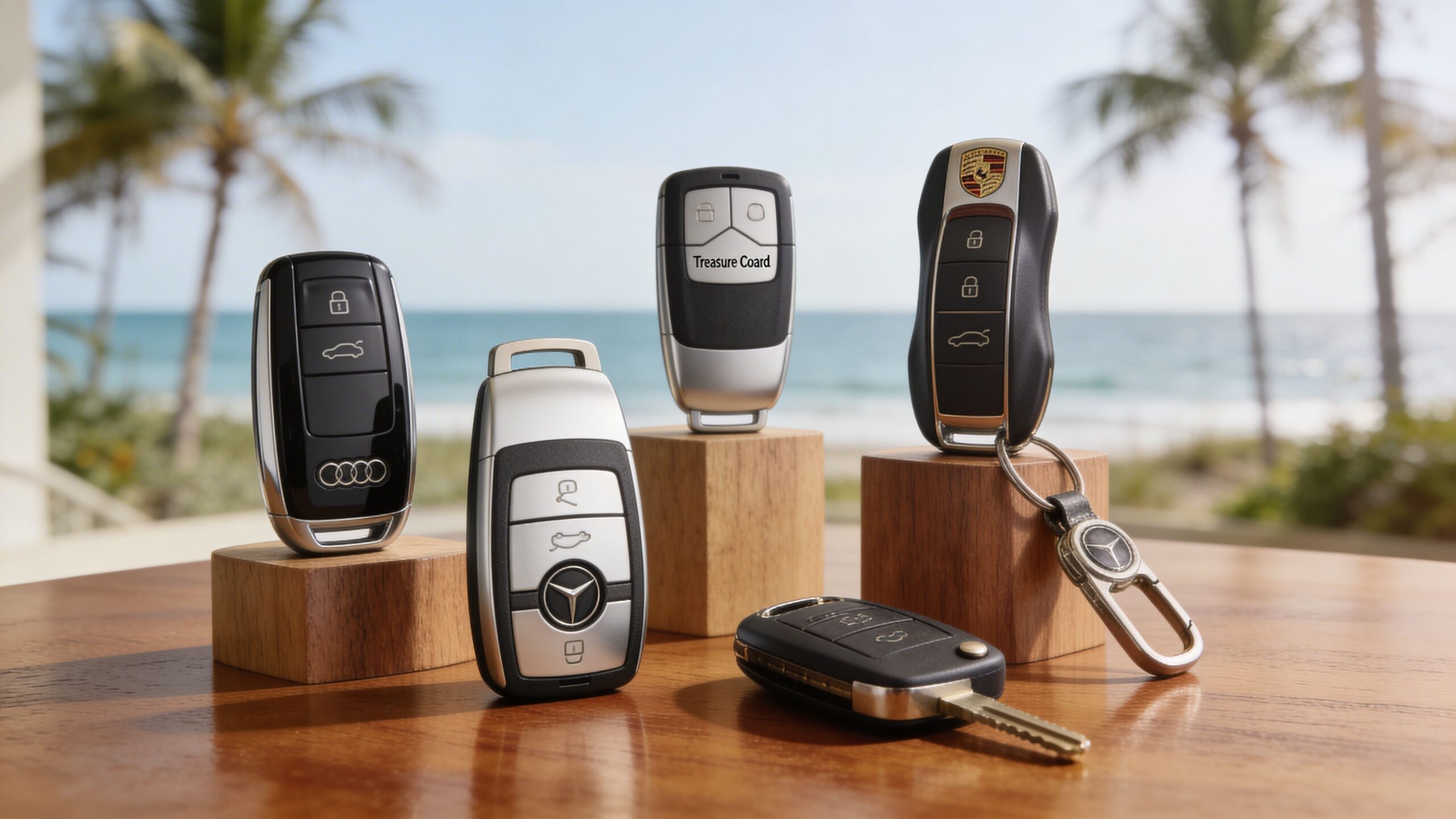 A collection of luxury car key fobs displayed on wooden blocks with a beach background.