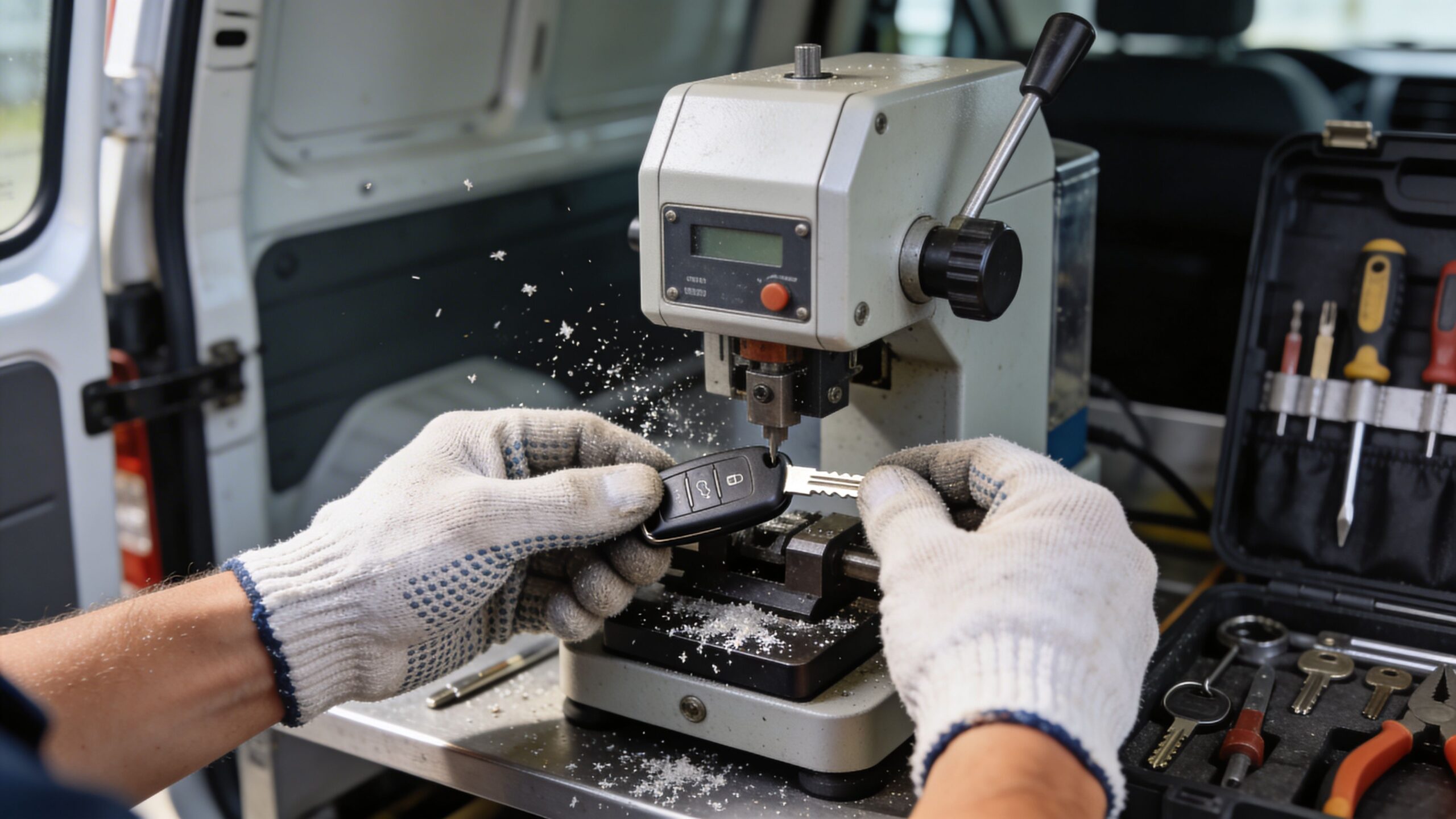 A professional locksmith using a high-precision machine to cut a metal car key blade.