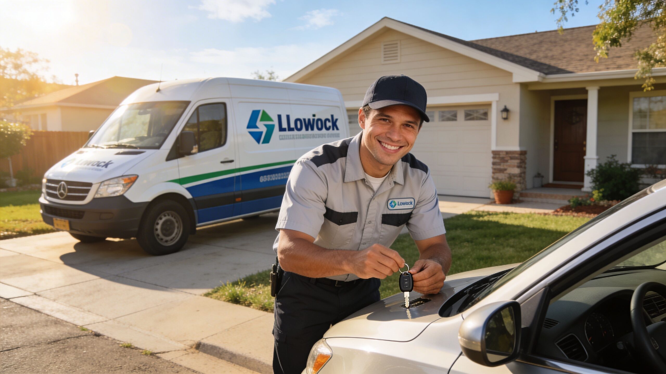 A professional locksmith technician smiling while holding a car key fob in a residential driveway.