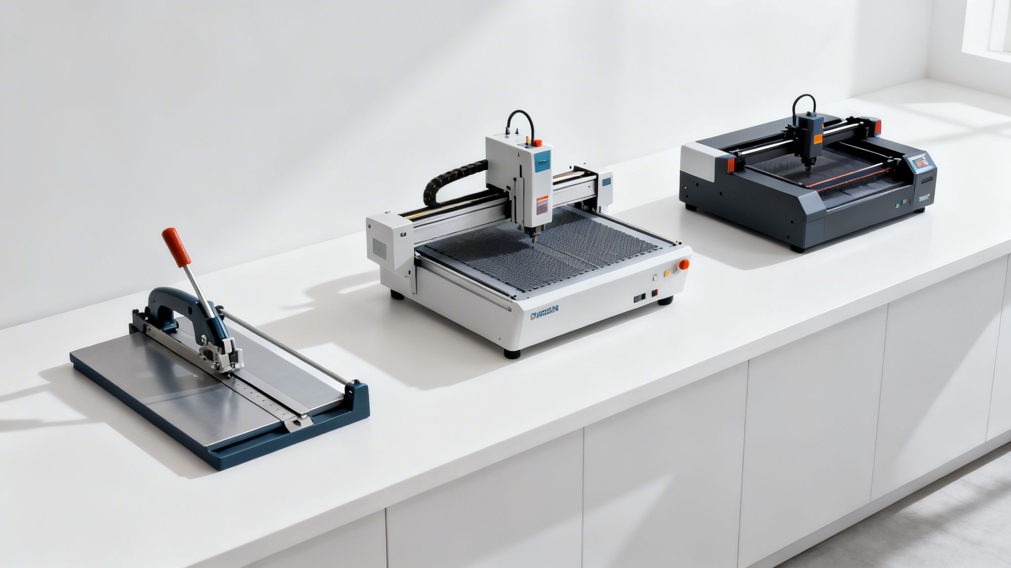 Three specialized cutting and engraving machines, including a manual cutter, CNC mill, and laser engraver, on a white counter.