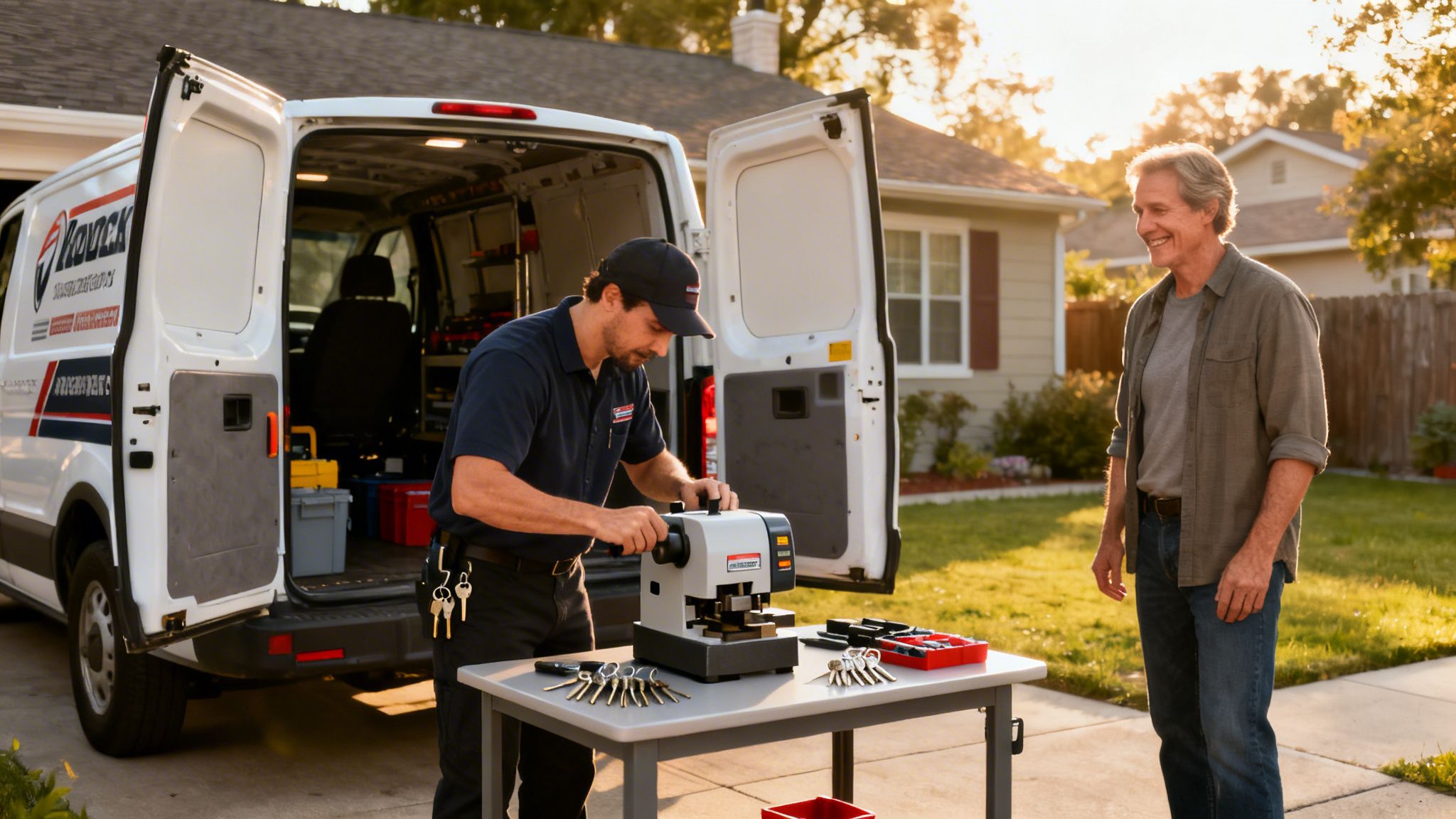 A locksmith uses a key cutting machine to make new keys for a smiling customer.