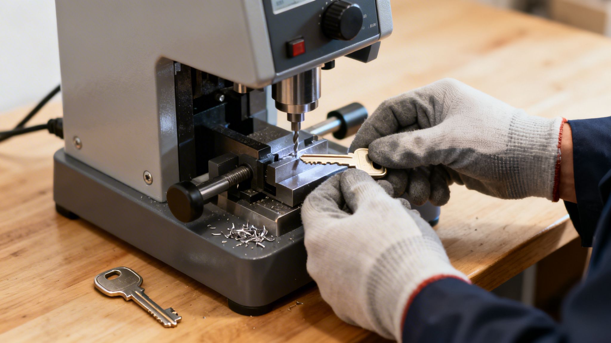 Person in gloves uses a key cutting machine to duplicate a key on a wooden table.