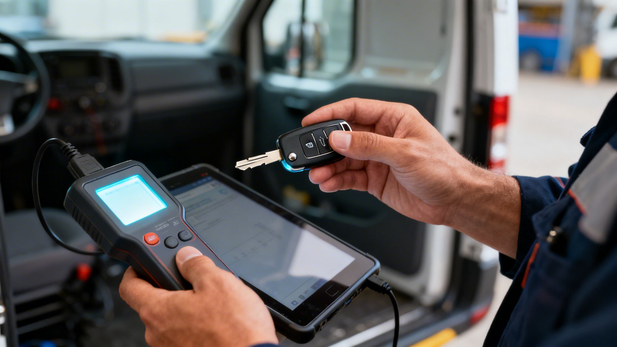 A technician holds a car key and a diagnostic tool connected to a tablet, likely programming the key.