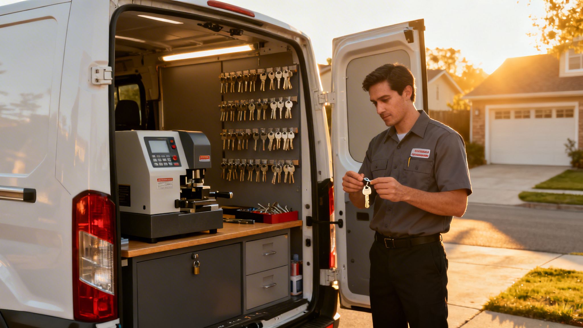 Locksmith examining keys next to his mobile workshop van with a key making machine.
