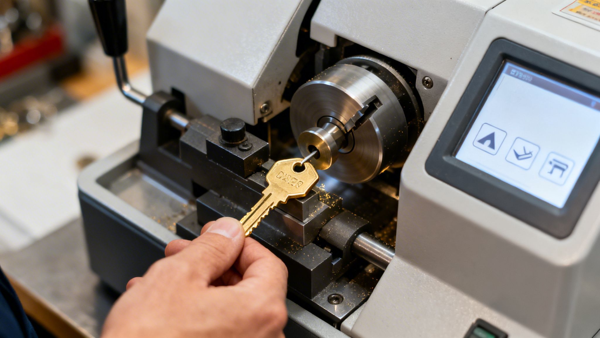 A person's hand holds a golden key next to a modern key cutting machine, showing metal shavings.
