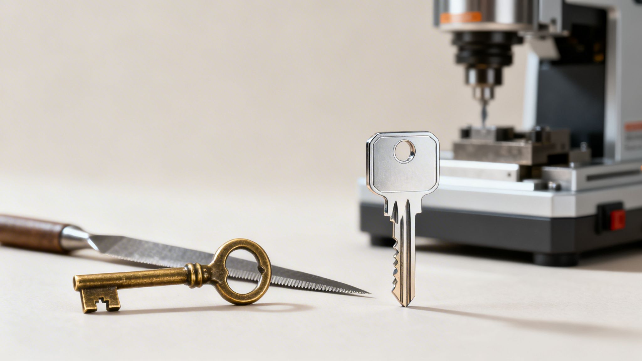 An antique brass key and a modern silver key, alongside a file and a key-cutting machine.