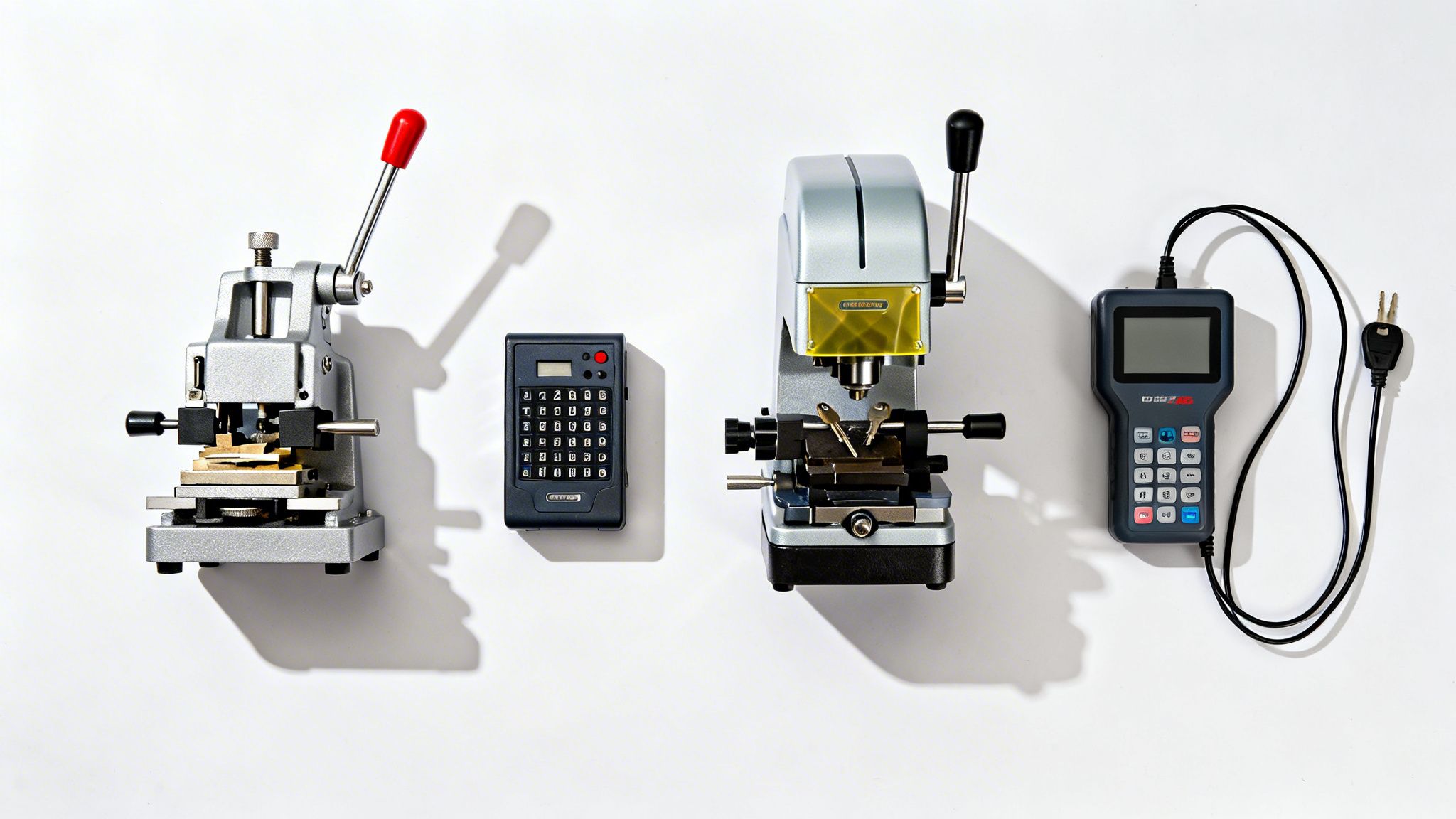 Four key making and programming tools, including duplicators and electronic devices, on a white background.