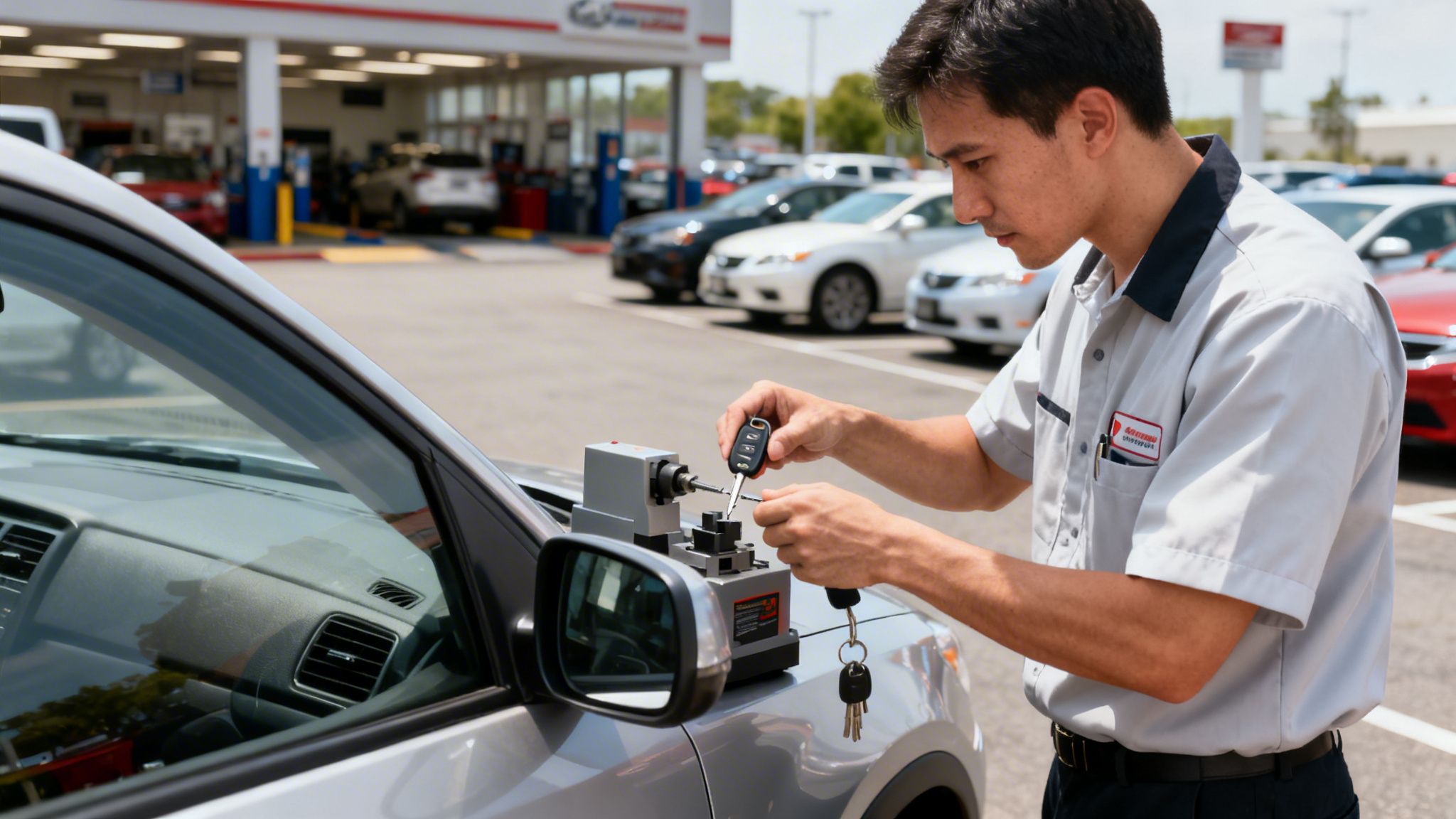 A professional automotive technician uses a portable machine to laser cut a new car key.