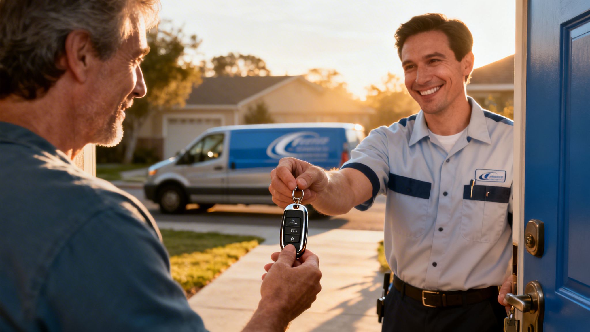 A professional technician handing a laser cut car key fob to a customer at their home front door.