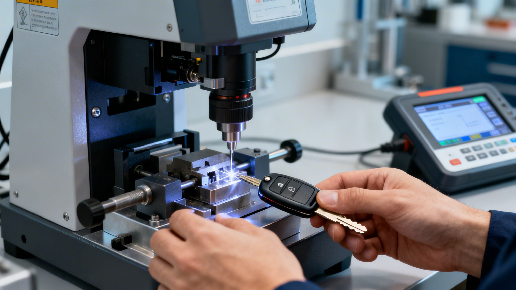 A technician carefully uses a precision laser machine to cut and duplicate a modern vehicle car key.