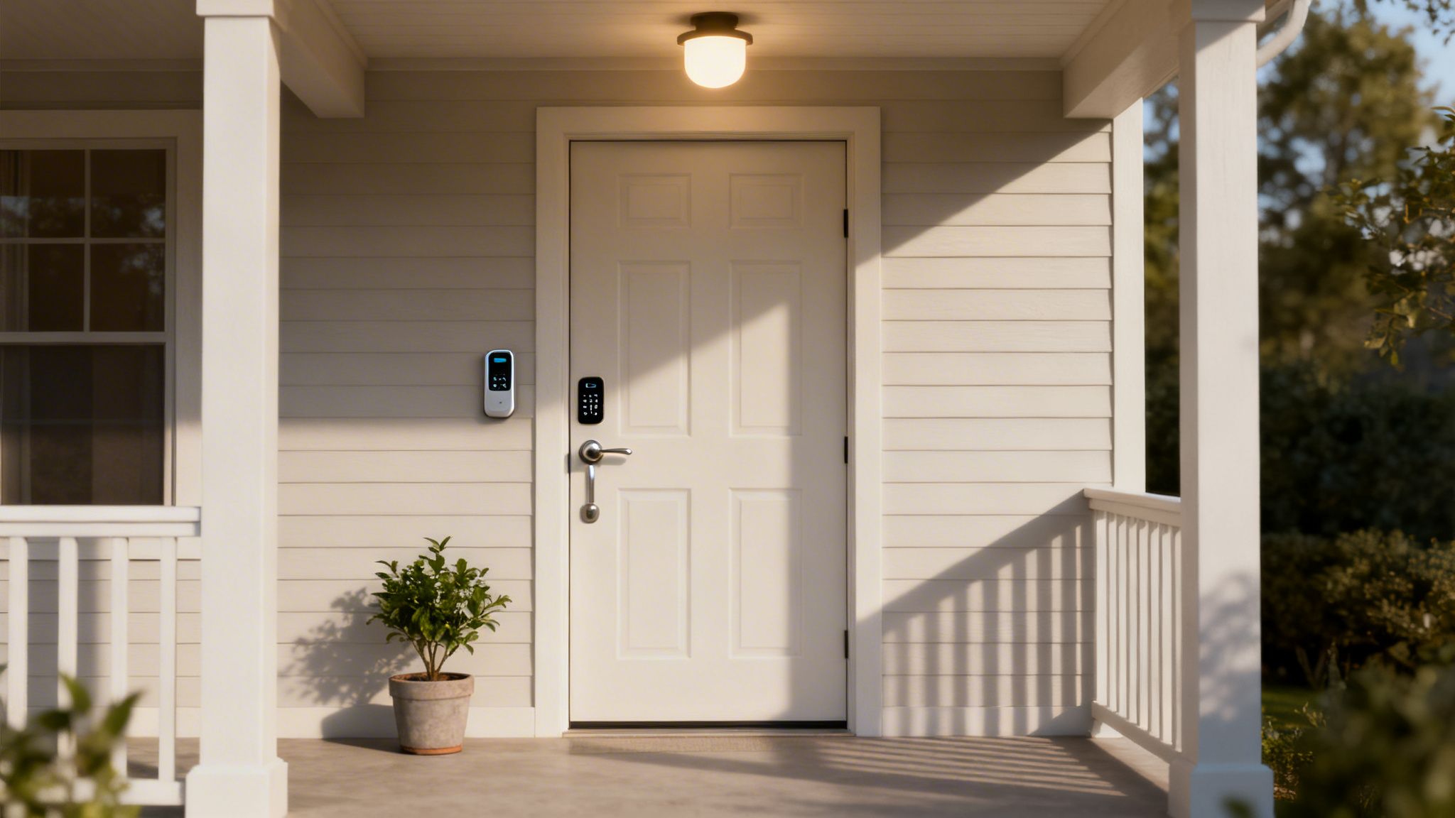 A modern smart home front porch with a white door, smart lock, and doorbell.