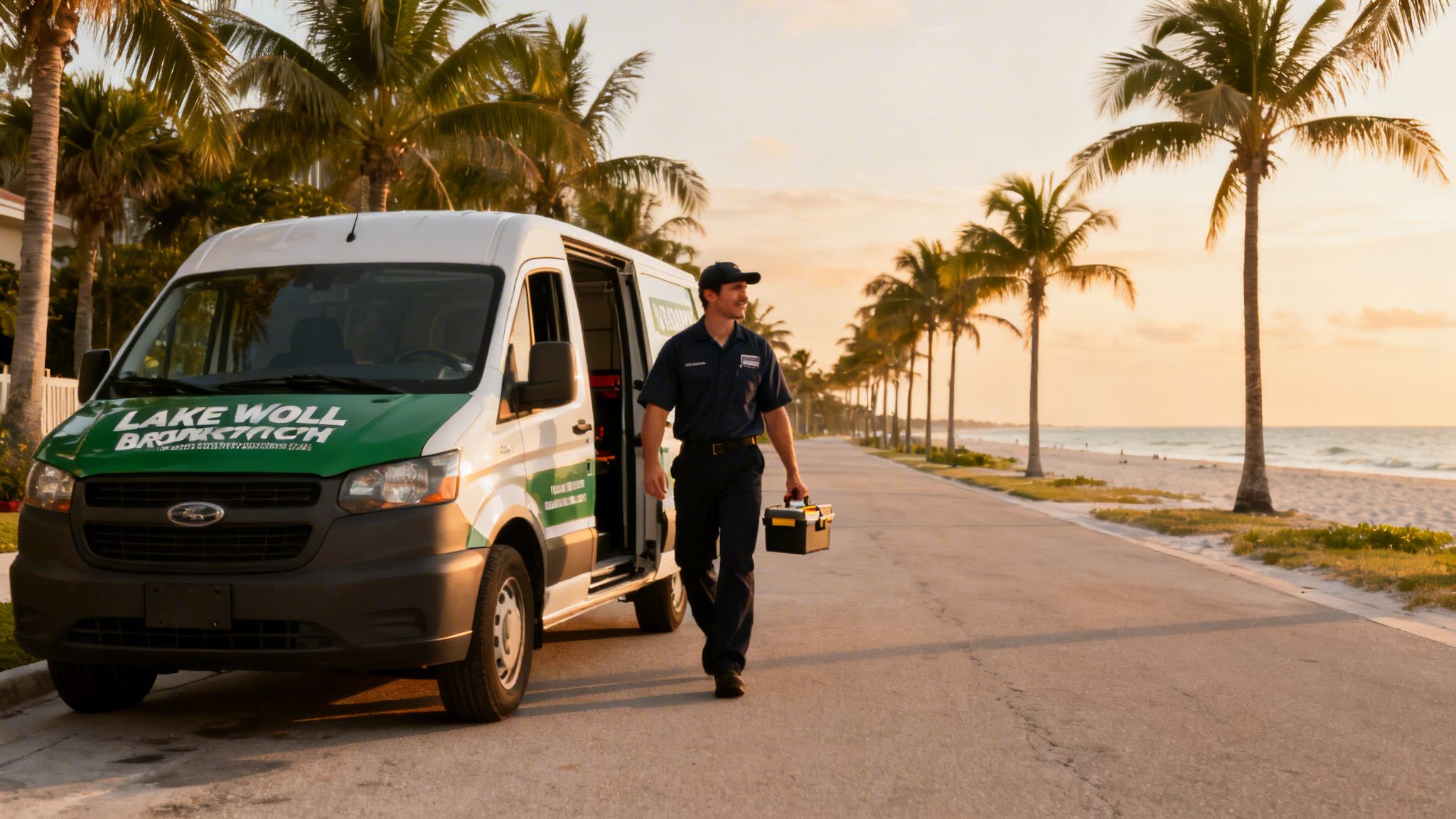 A man in uniform carrying a toolbox walks from a service van on a scenic beach road at sunset.