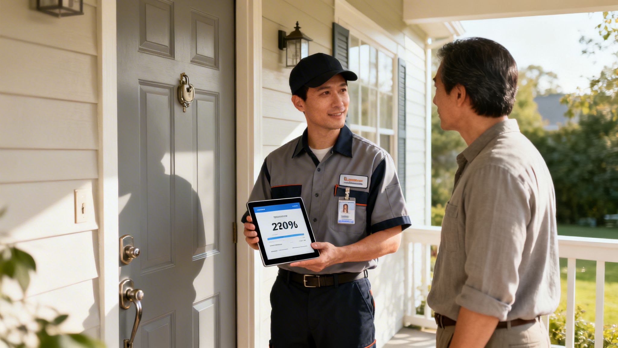 A home service technician shows a tablet with a 220% reading to an elderly customer on a porch.