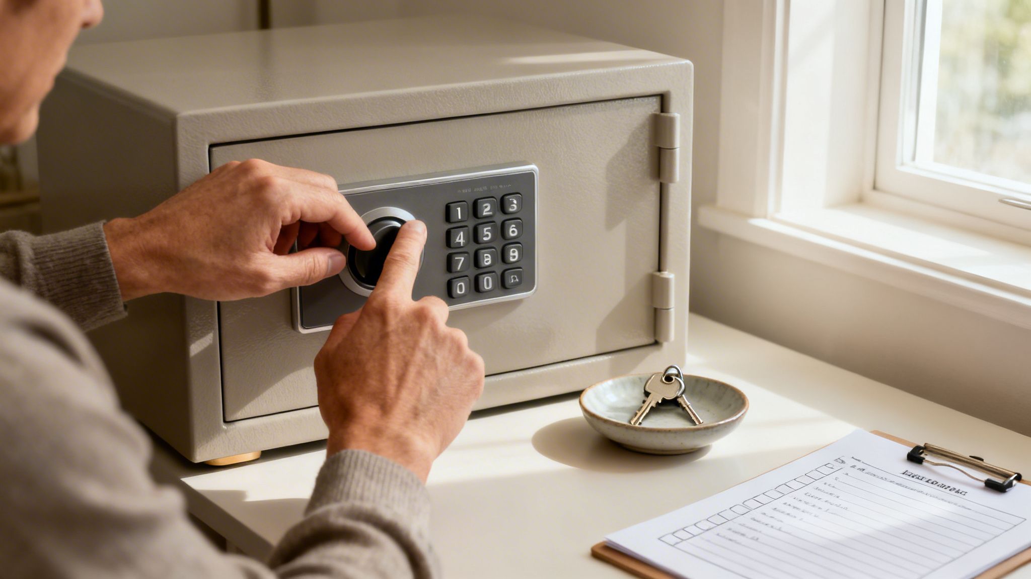 Close-up of a person's hands opening a grey electronic safe with a digital keypad and dial.