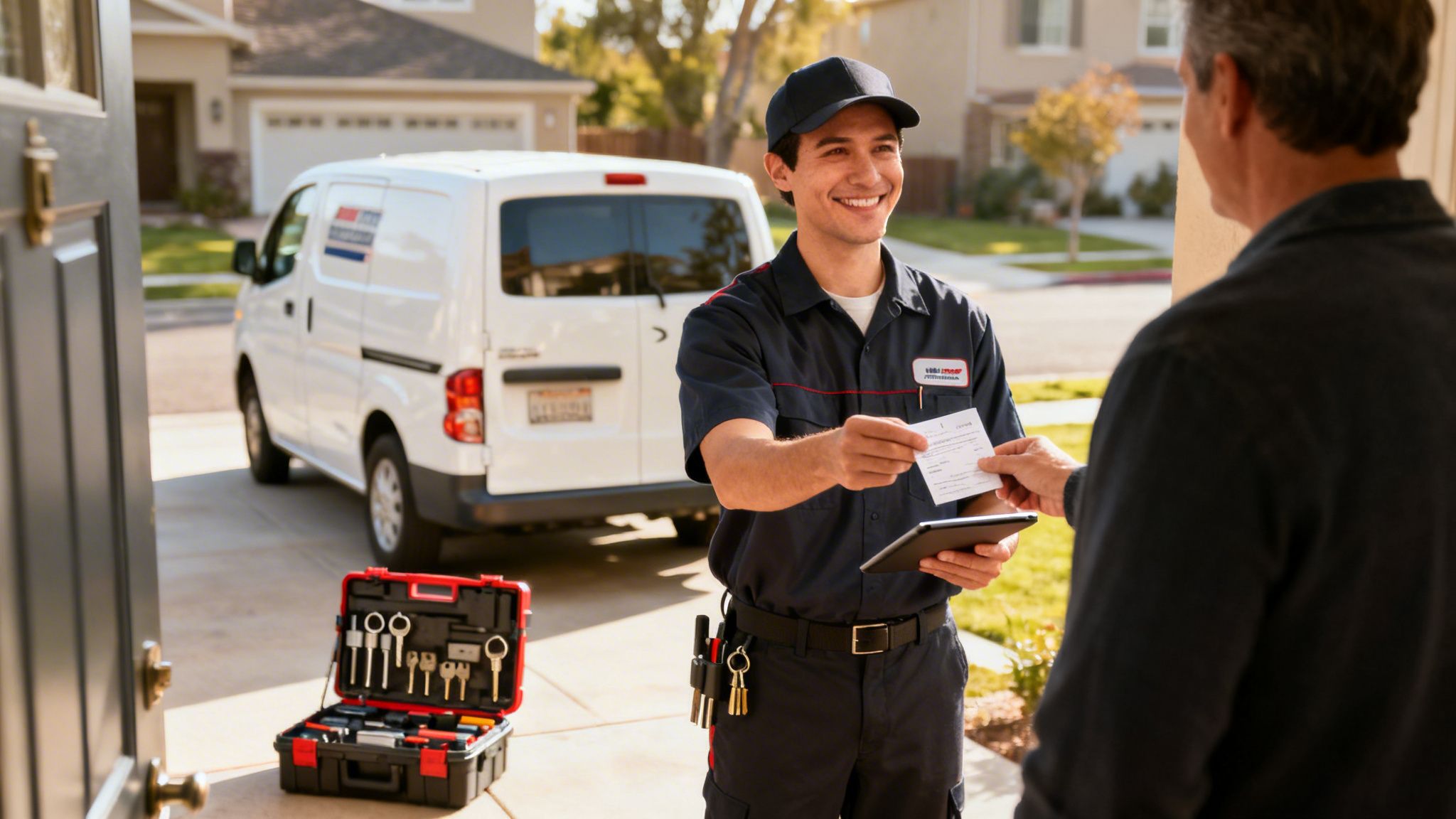 A smiling locksmith technician hands a receipt to a customer at their home, with a service van and toolbox nearby.