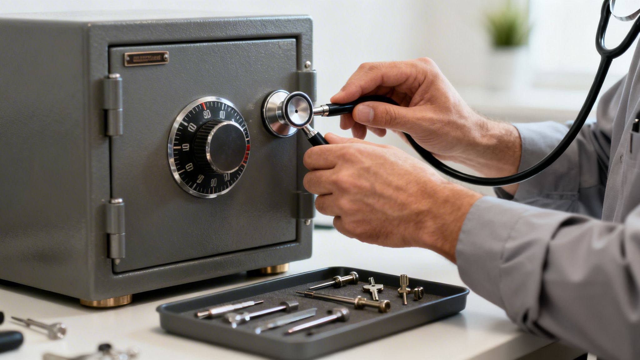 A locksmith carefully listens to a grey safe's combination dial with a stethoscope.