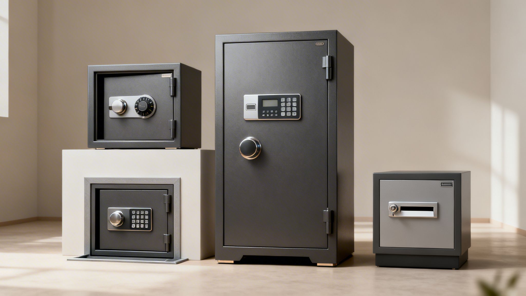 A collection of four diverse grey security safes, including combination, electronic, and key-locked models.