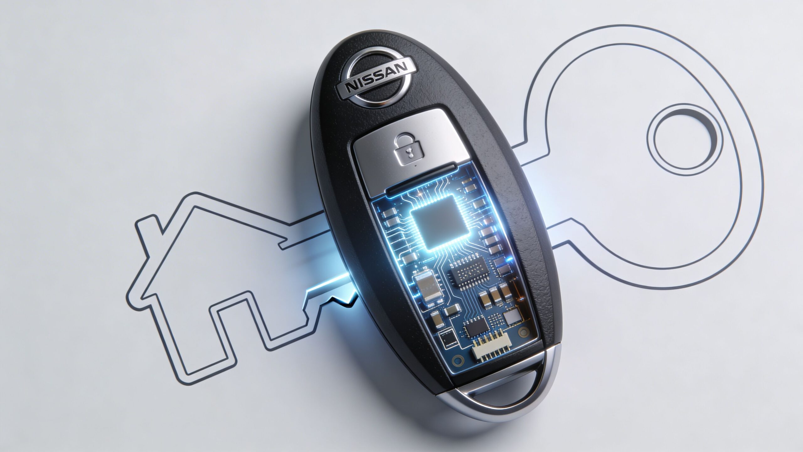 A modern Nissan key fob resting on a white background with a house-shaped key outline drawing.