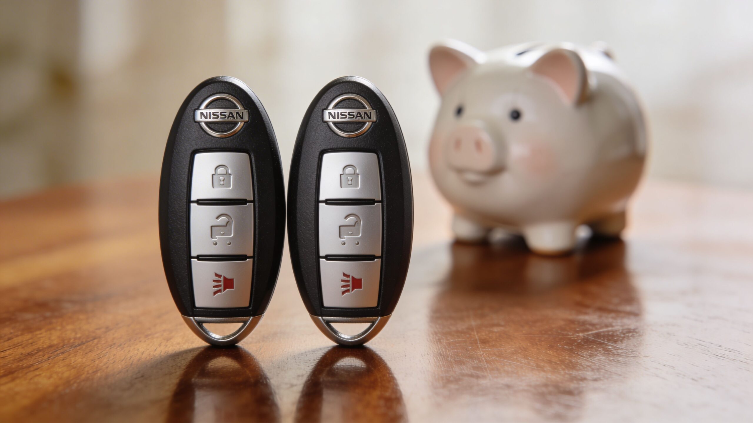 Two Nissan car key fobs standing on a wooden surface in front of a piggy bank