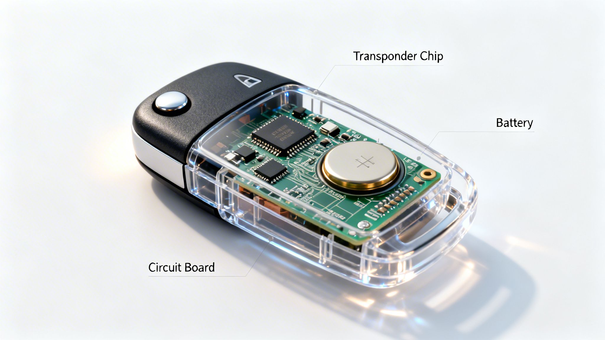 An internal view of a car key remote with a visible circuit board, battery, and transponder chip.