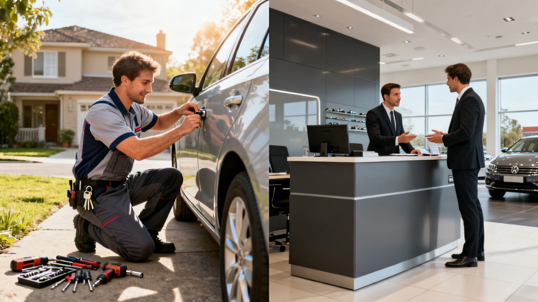 A professional technician unlocking a car door and a salesman talking to a customer in a dealership.