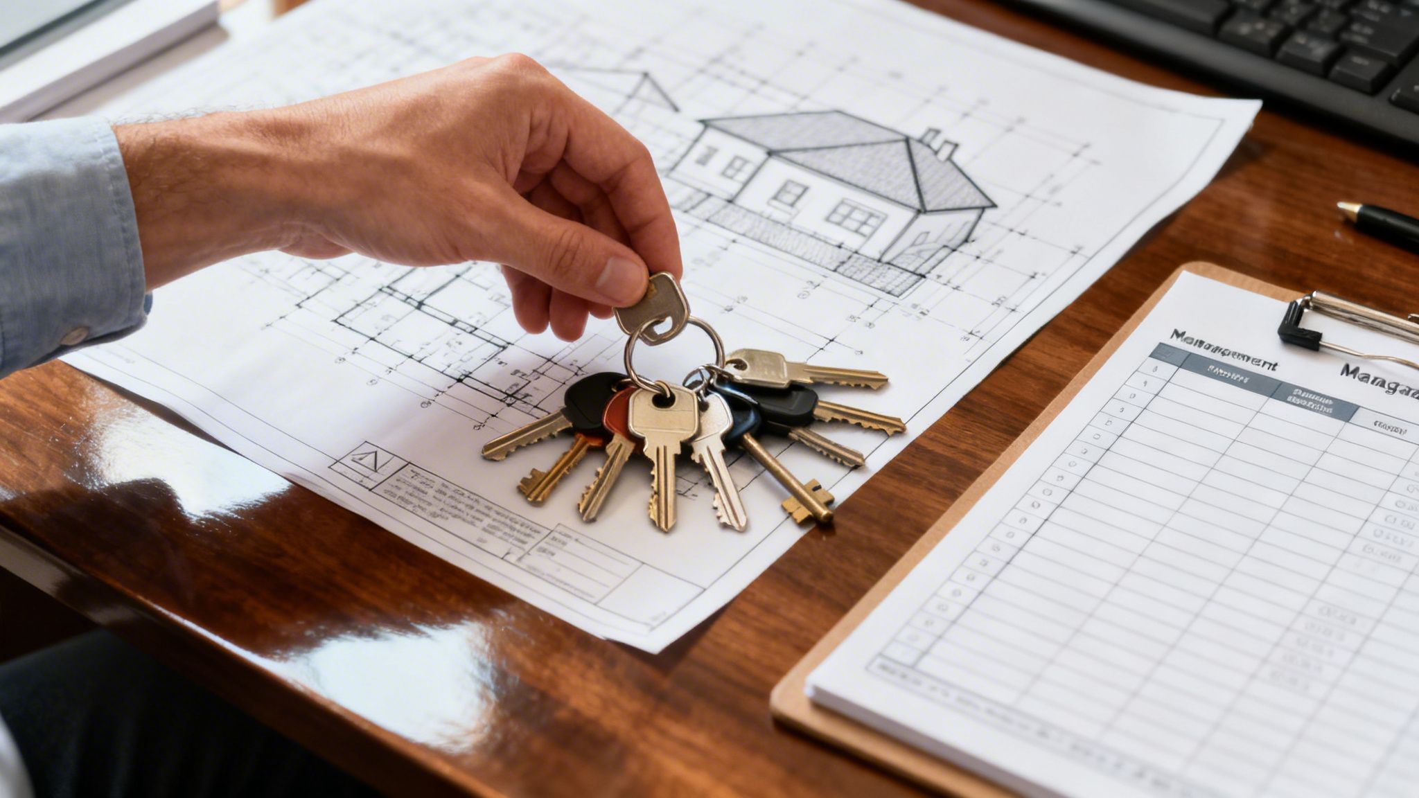 A real estate agent holding a set of house keys over architectural blueprints on a wooden desk.